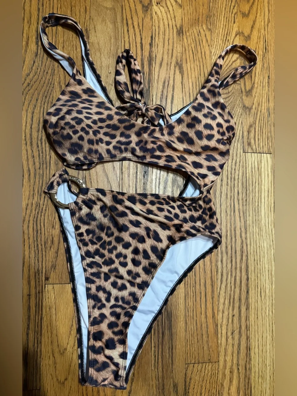 Leopard Print Cutout One-Piece Swimsuit - Tan/Black